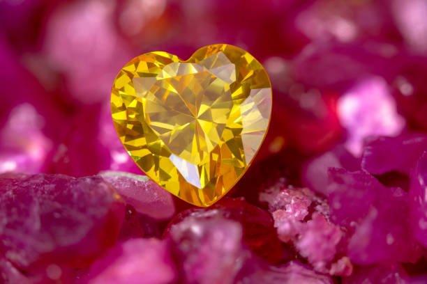 heart shaped Yellow sapphire on raw Ruby Gemstone