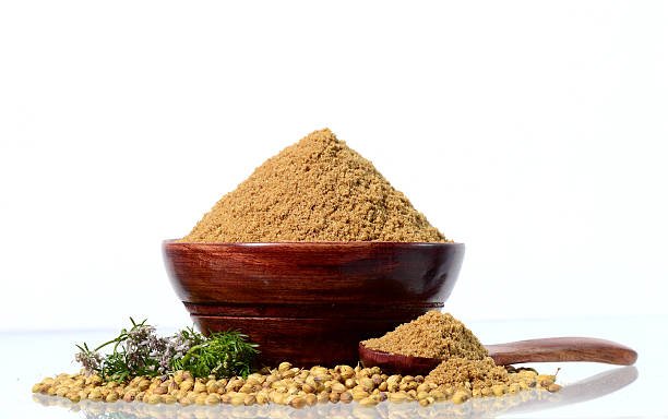 Coriander seeds, Fresh Coriander and Powdered coriander isolated on white background.