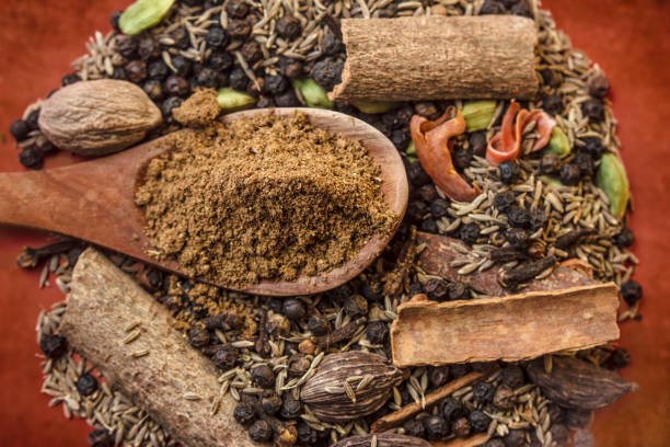 ingredients for garam masala , indian spice mix on a slate backgroundingredients for garam masala , indian spice mix on a red textured background