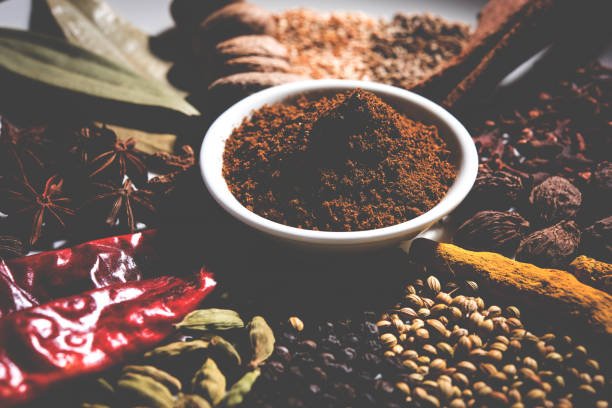Colourful spices for Garam Masala. Food ingredients for garam masala, indian spice mix with Powder. Selective focus